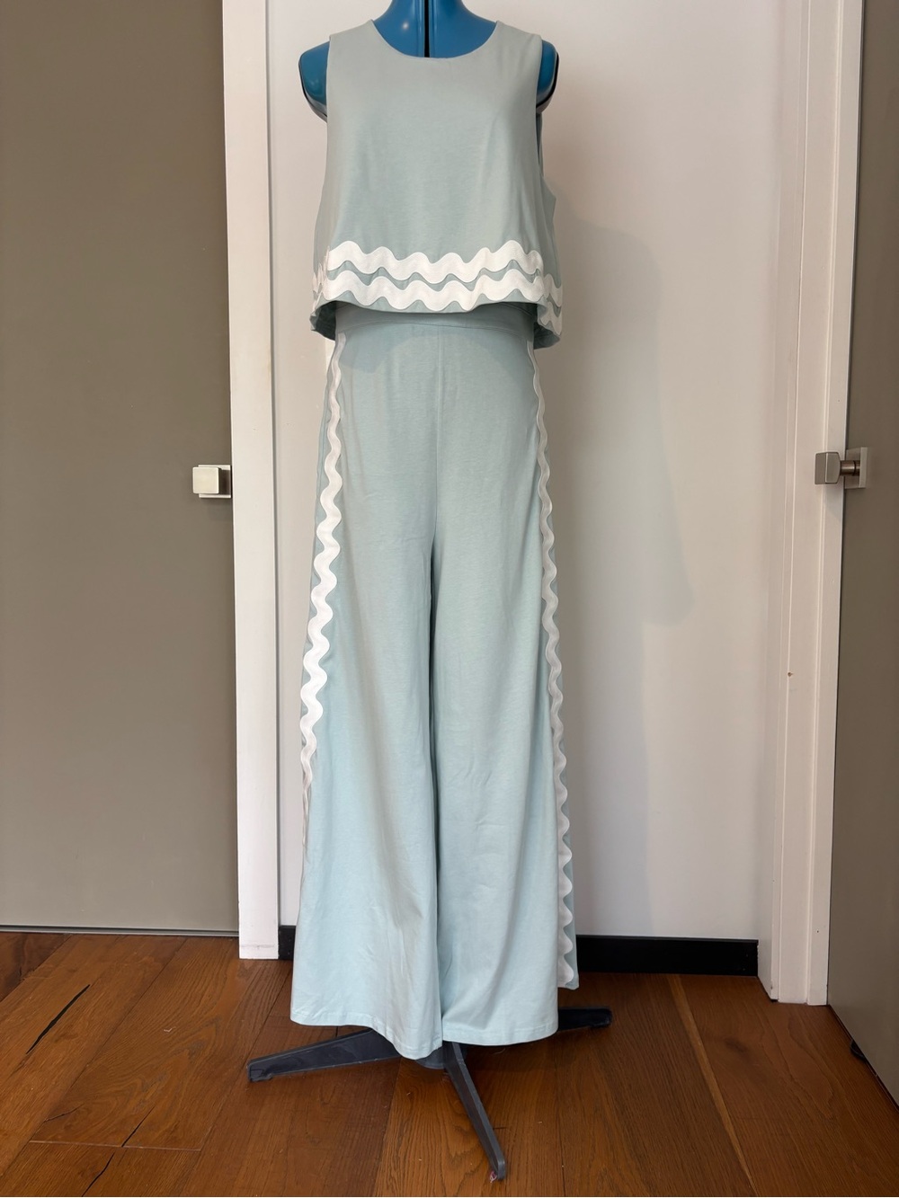 Prosperina Kayla Ancient Waters Aqua Ric Rac Wide Leg Jumpsuit S NWT